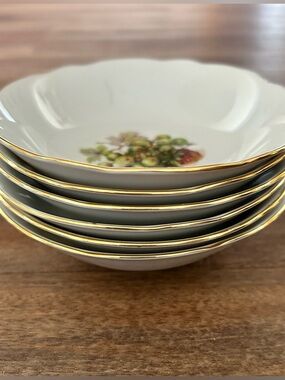 Vintage MZ Czechoslovakia Fruit Dessert Bowls Set of 6 Gold Trim Porcelain 5.5”
